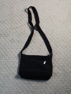 The Sak Black Handbag Shoulder Bag Purse Crocheted Nylon Strap Medium Size